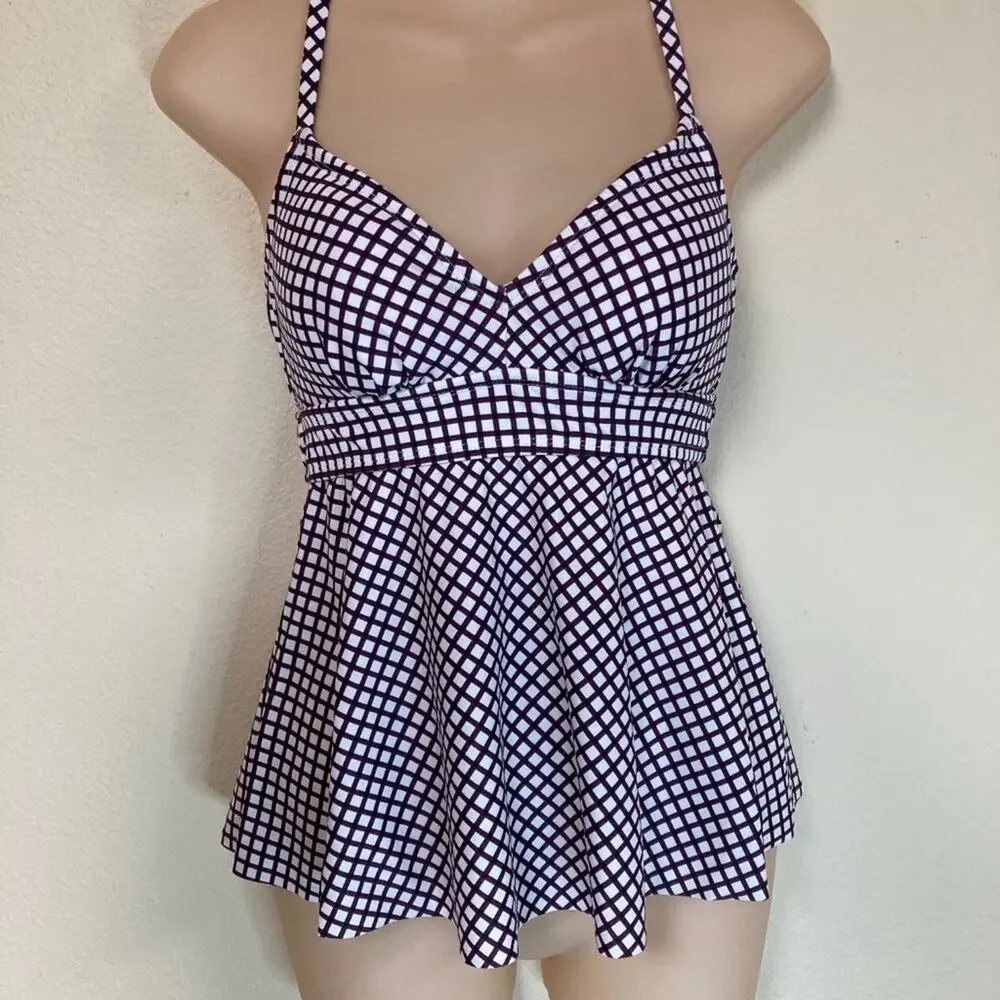 Kona Sol Swim Bathing Suit Top Size XS 0-2 Burgandy White Check